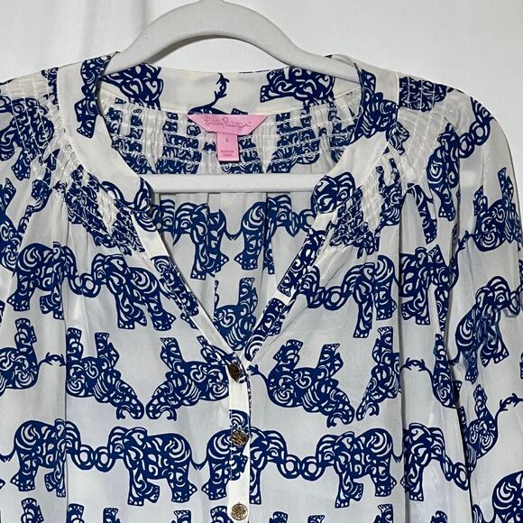 Lilly Pulitzer Elephant Long Sleeve Elsa Top Blue White Womens Size Small - Picture 8 of 11